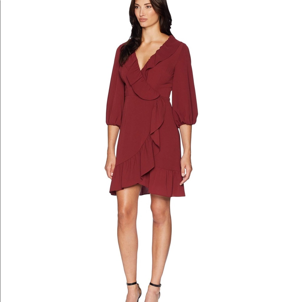 NWT Beautiful Adrianna Papell Lined Burgundy Red Chiffon Faux Wrap Dress Size 14